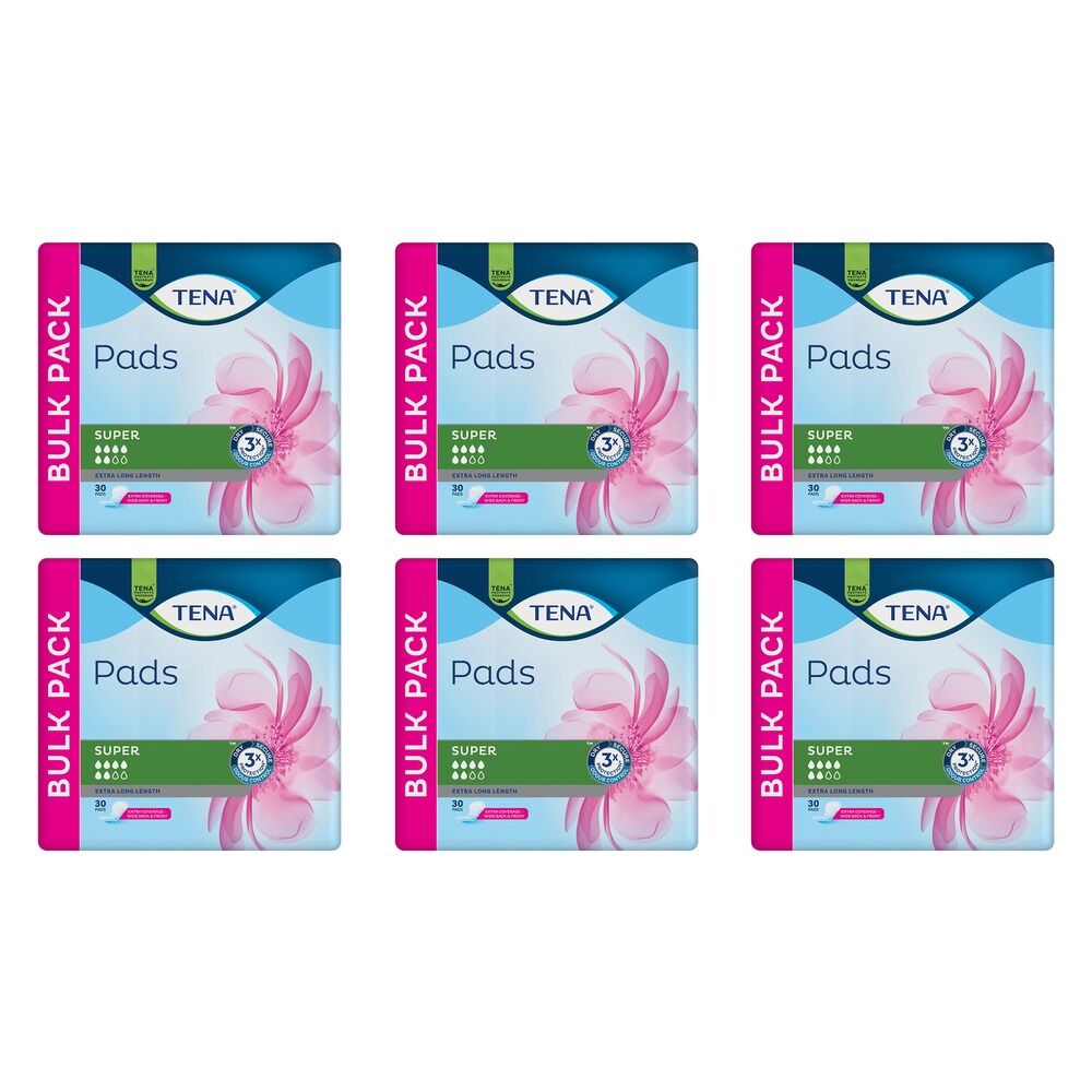 Tena Super Extra Long Length Pads 30 Pack x 6 Bundle of 6