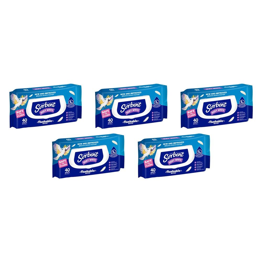Sorbent Silky White Flushable Wipes 40 Pack Bundle of 5