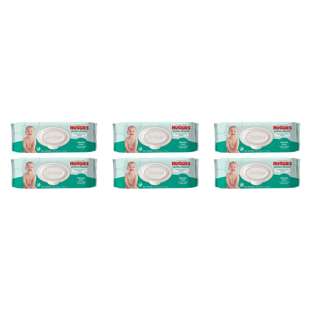 Huggies Gentle Cleanse Fragrance Free Baby Wipes, 3-in-1 Clean, 80 Pack of 6