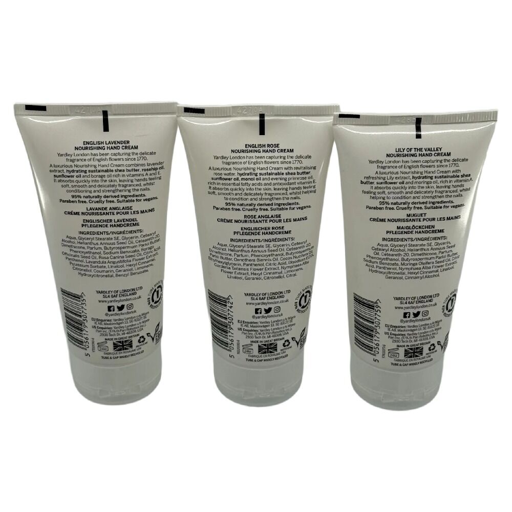 Yardley Hand & Nail Cream Moisturiser Trio Rose Lavender Lily 75ml