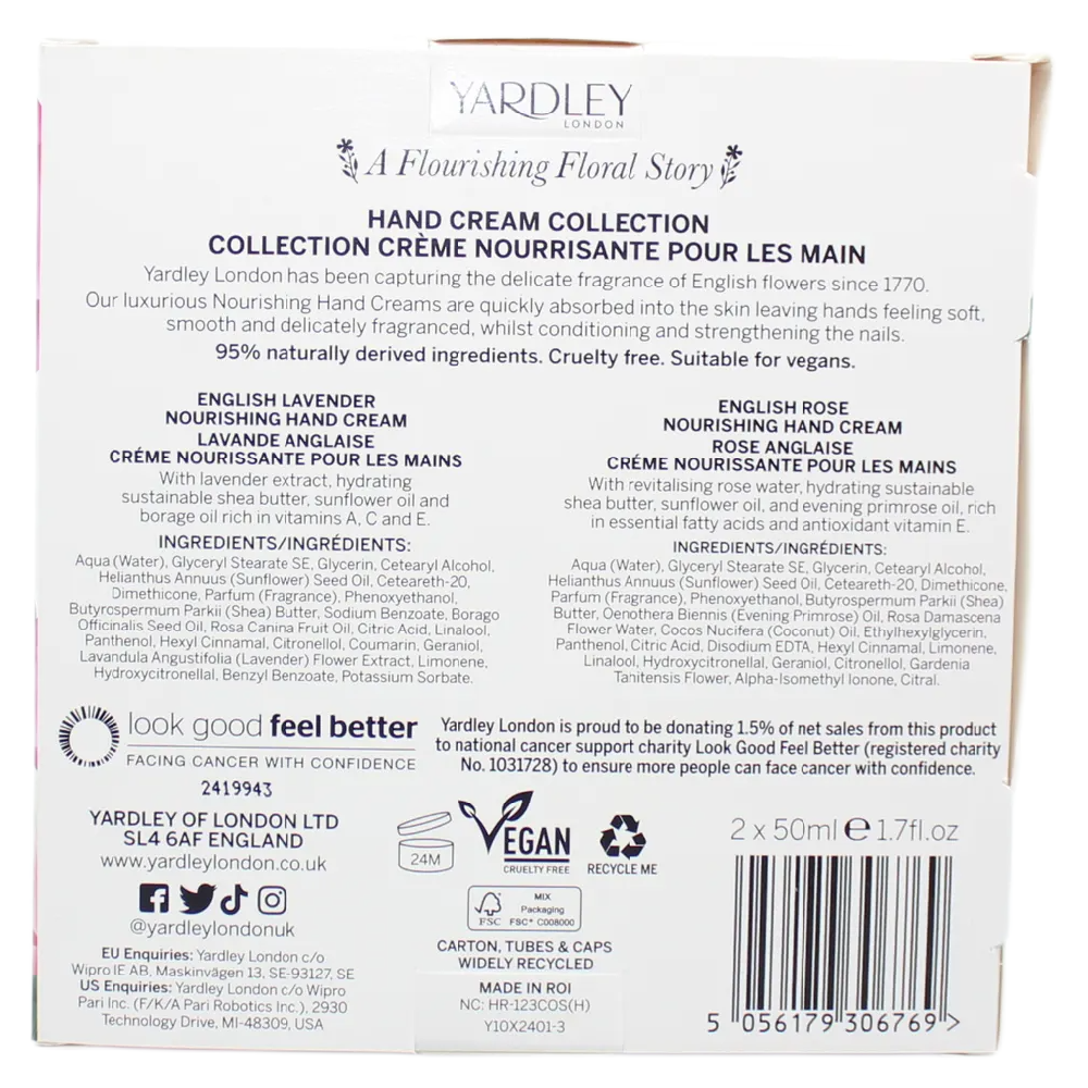 Yardley Hand Cream Gift Set 2 x 50ml Lavender and Rose Vegan Friendly Skincare
