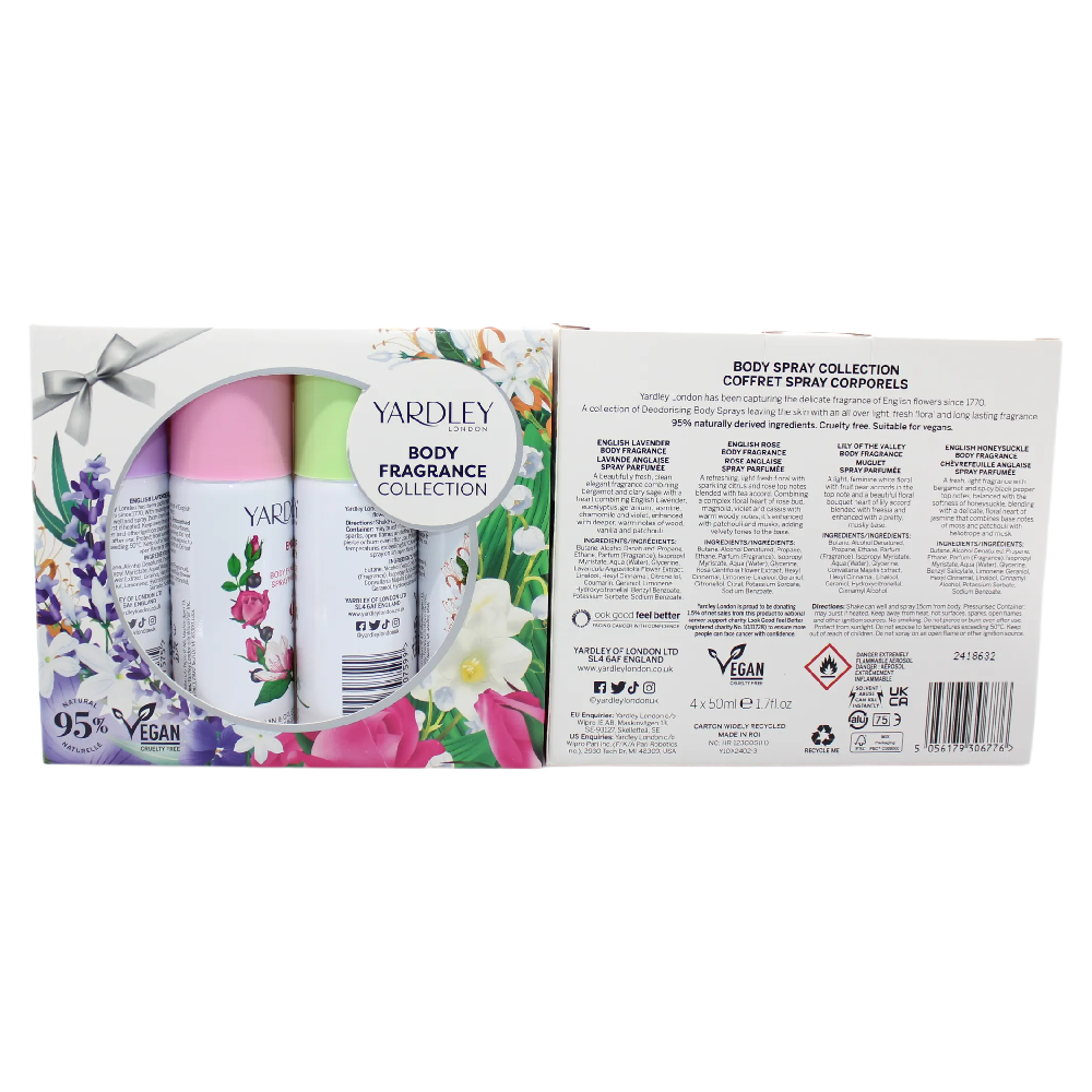 Yardley Body Spray Gift Set 4 x 50ml Lavender Rose Lily Honeysuckle Floral Mist