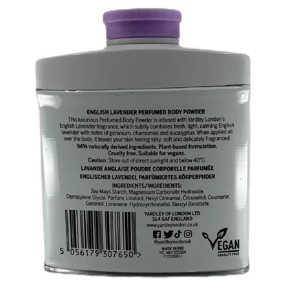 Yardley English Lavender Body Powder Vegan 50g Plant Based Soft Skin Care