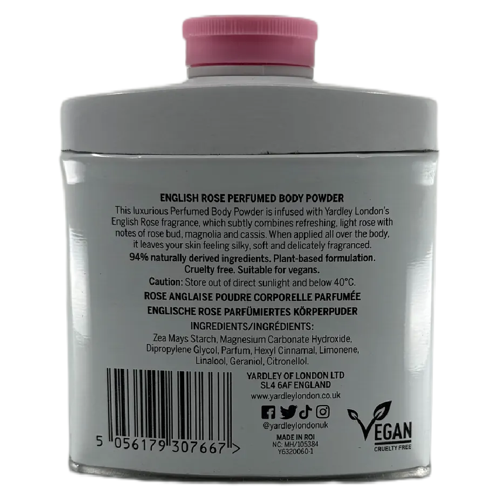 Yardley English Rose Body Powder Vegan Friendly 50g Plant Based Soft Skin