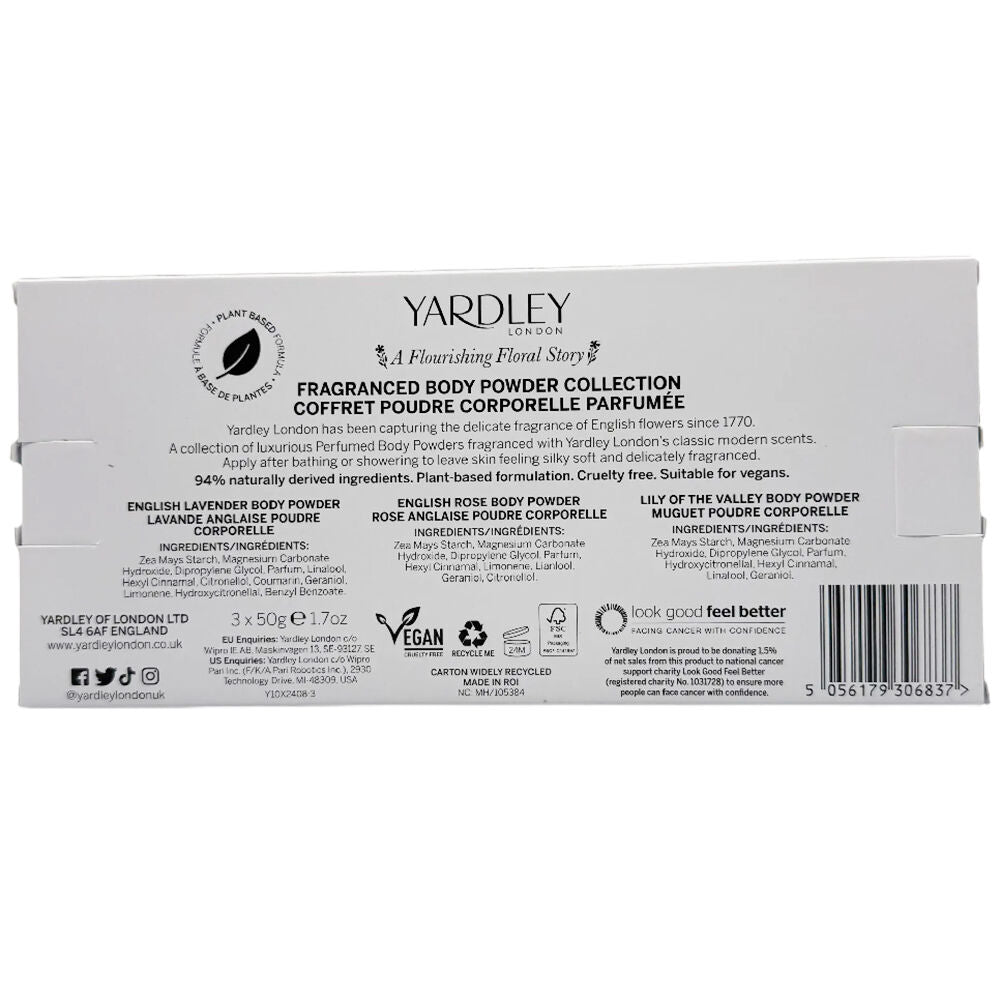 Yardley Body Powder Gift Set Lavender Rose Lily 3 x 50g Vegan Plant Based
