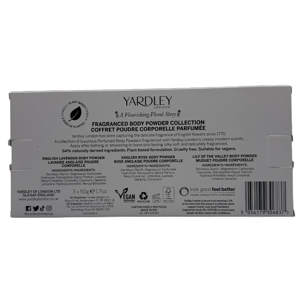 Yardley Body Powder Gift Set Lavender Rose Lily 3 x 50g Vegan Plant Based