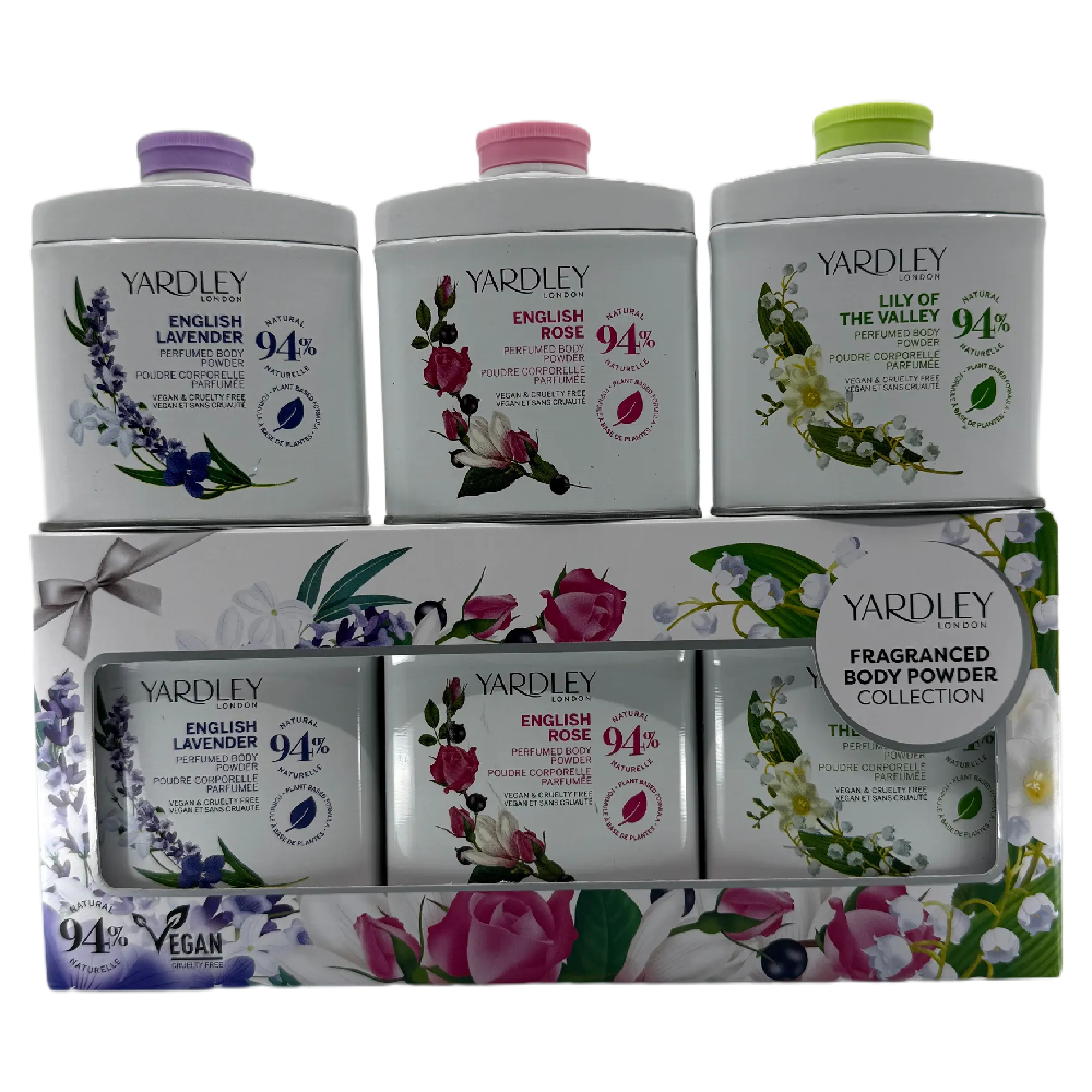 Yardley Body Powder Gift Set Lavender Rose Lily 3 x 50g Vegan Plant Based