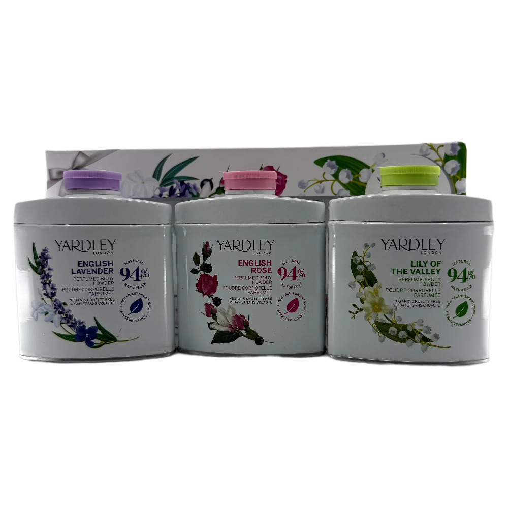 Yardley Body Powder Gift Set Lavender Rose Lily 3 x 50g Vegan Plant Based