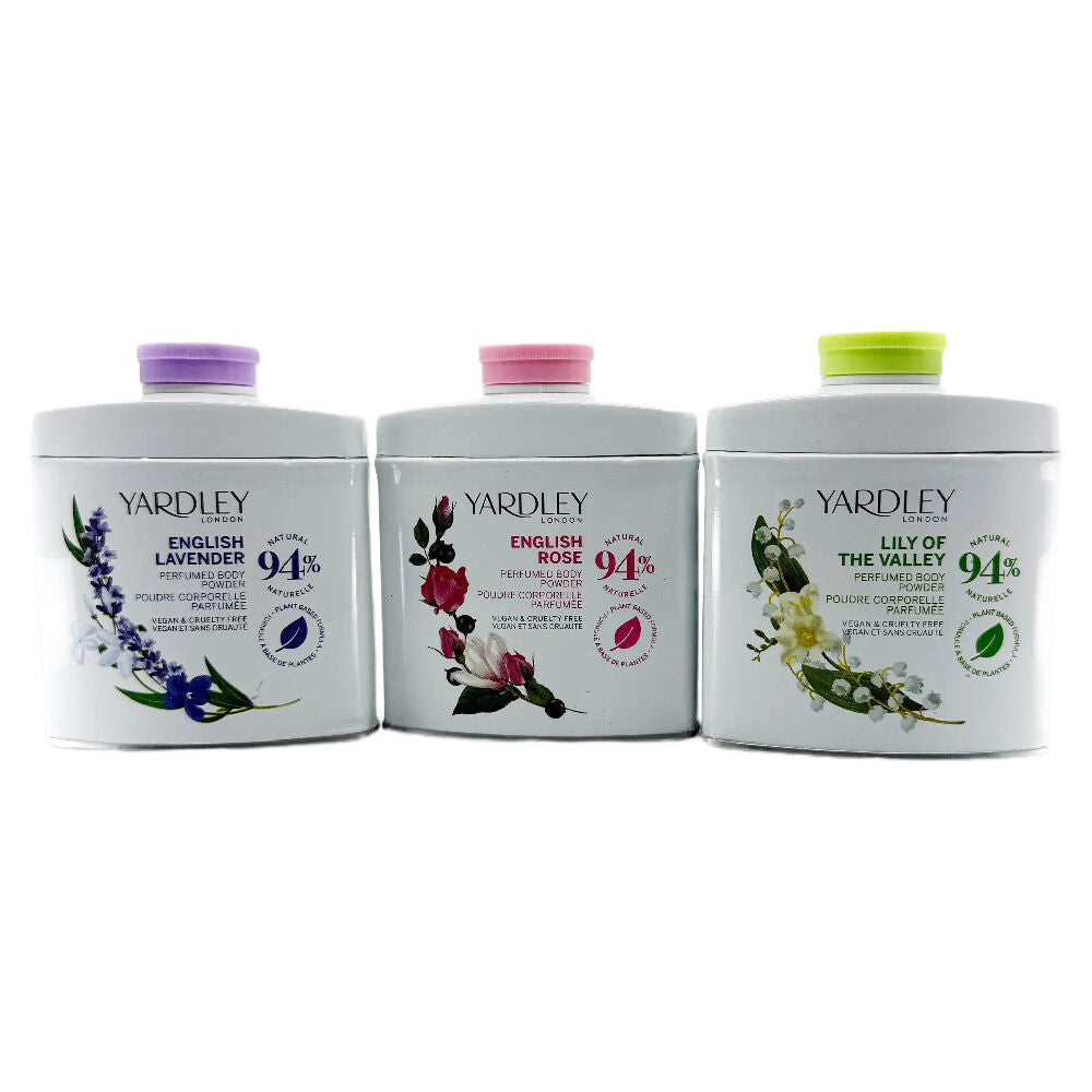 Yardley Body Powder Gift Set Lavender Rose Lily 3 x 50g Vegan Plant Based