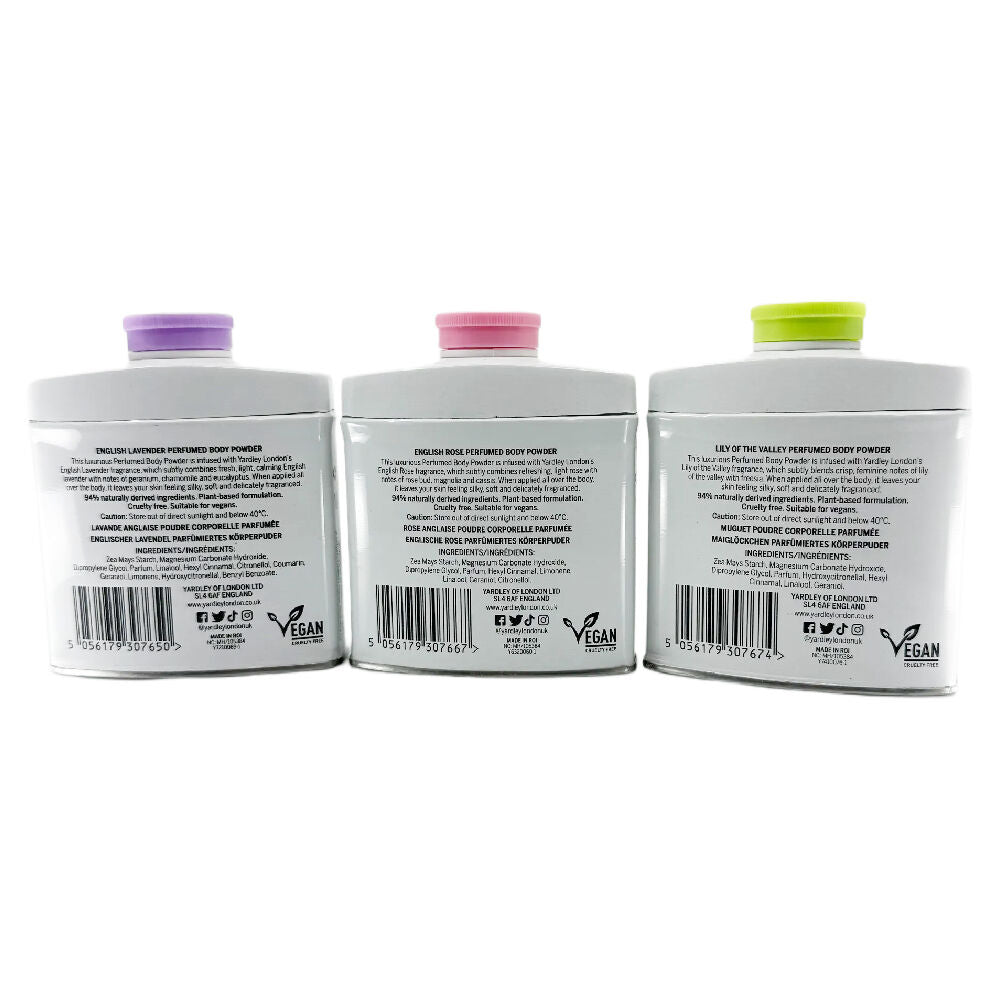 Yardley Body Powder Gift Set Lavender Rose Lily 3 x 50g Vegan Plant Based