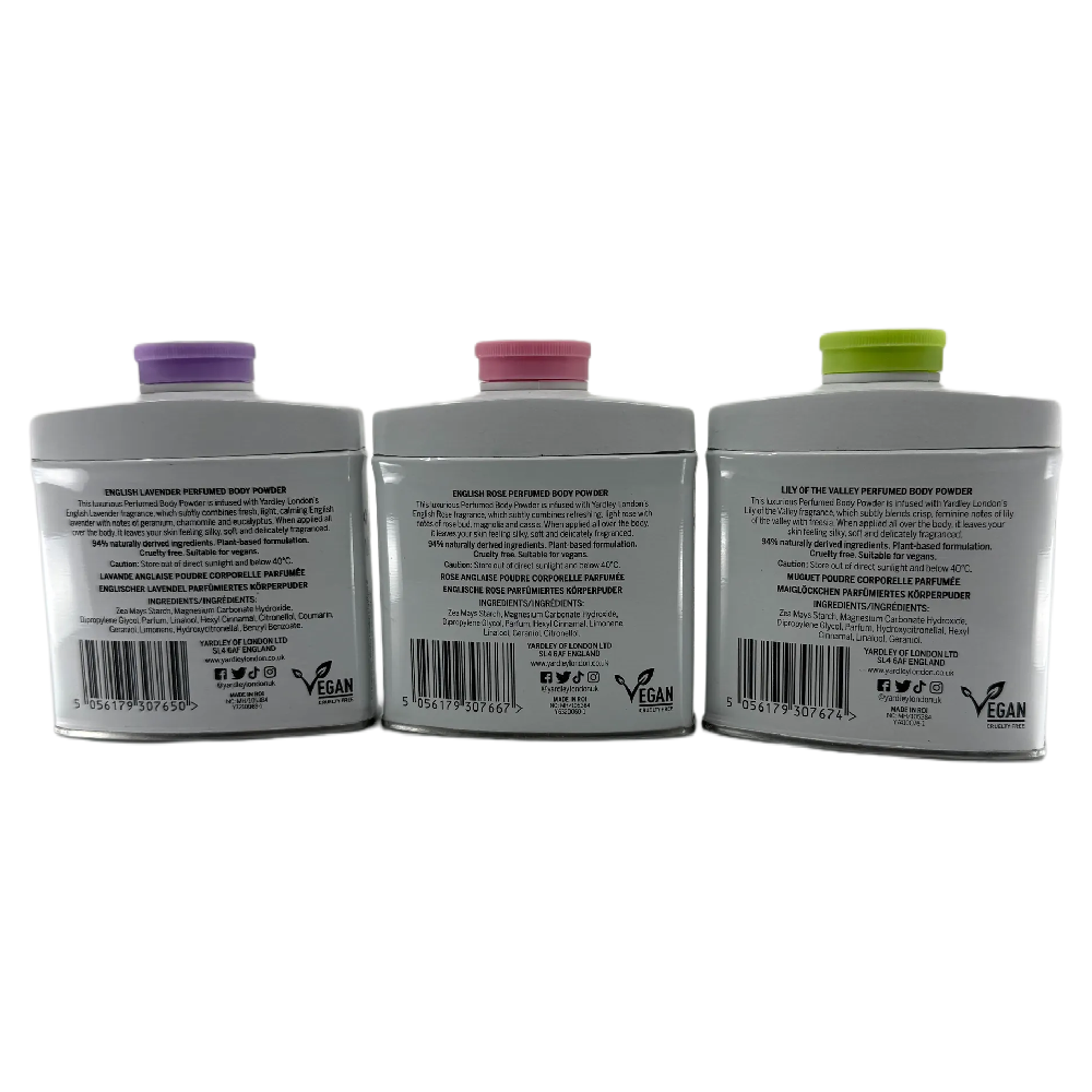 Yardley Body Powder Gift Set Lavender Rose Lily 3 x 50g Vegan Plant Based