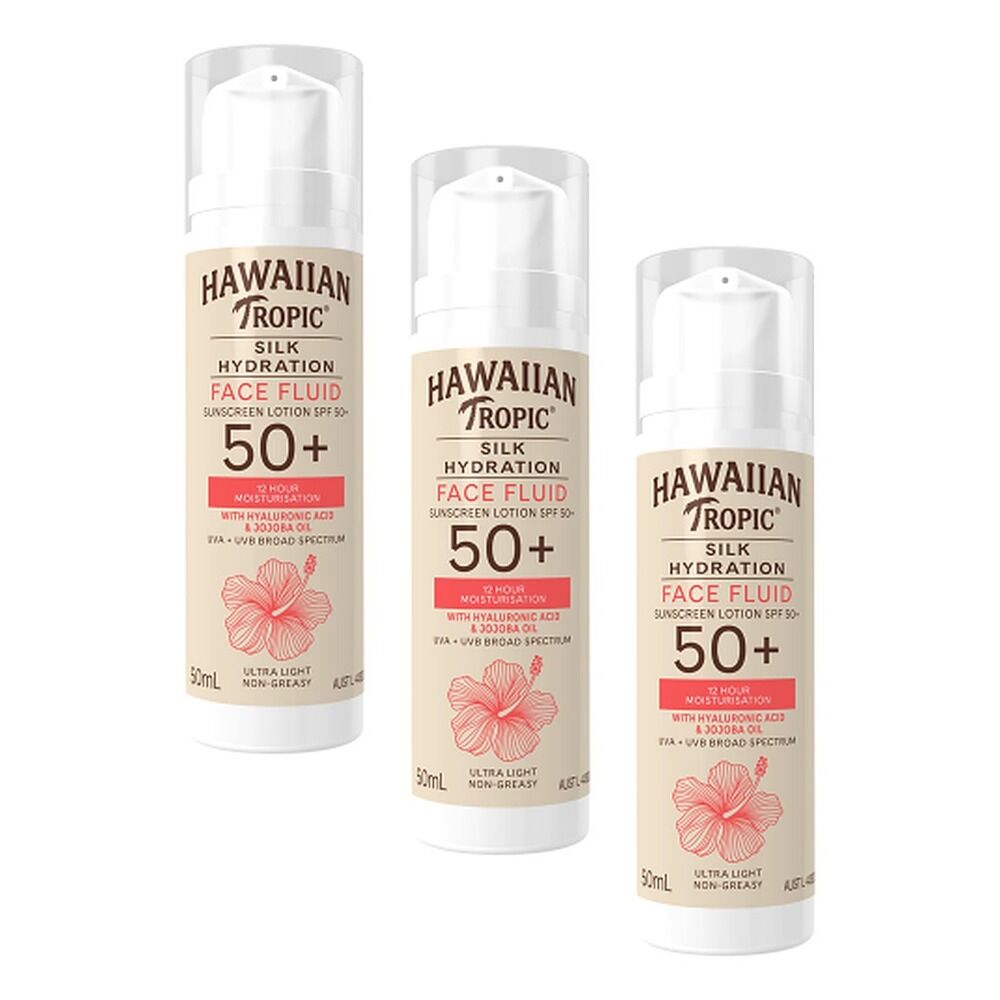 Hawaiian Tropic Silk Hydration Face Fluid Sunscreen SPF50+ 50mL Pack of 3