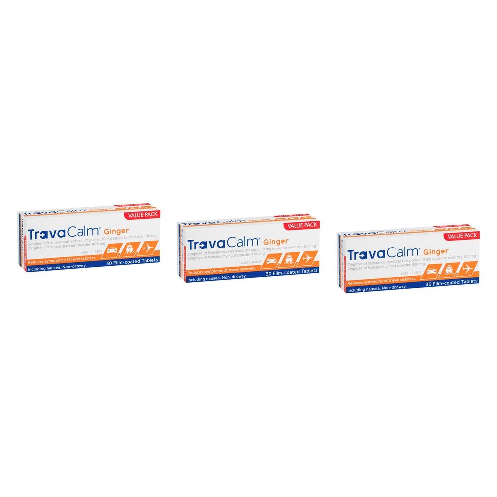 Travacalm Ginger Travel Sickness Tablets 30 Pack Bundle of 3