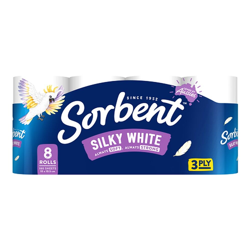 Sorbent Silky White Toilet Tissue 3 Ply 8 Pack x 6