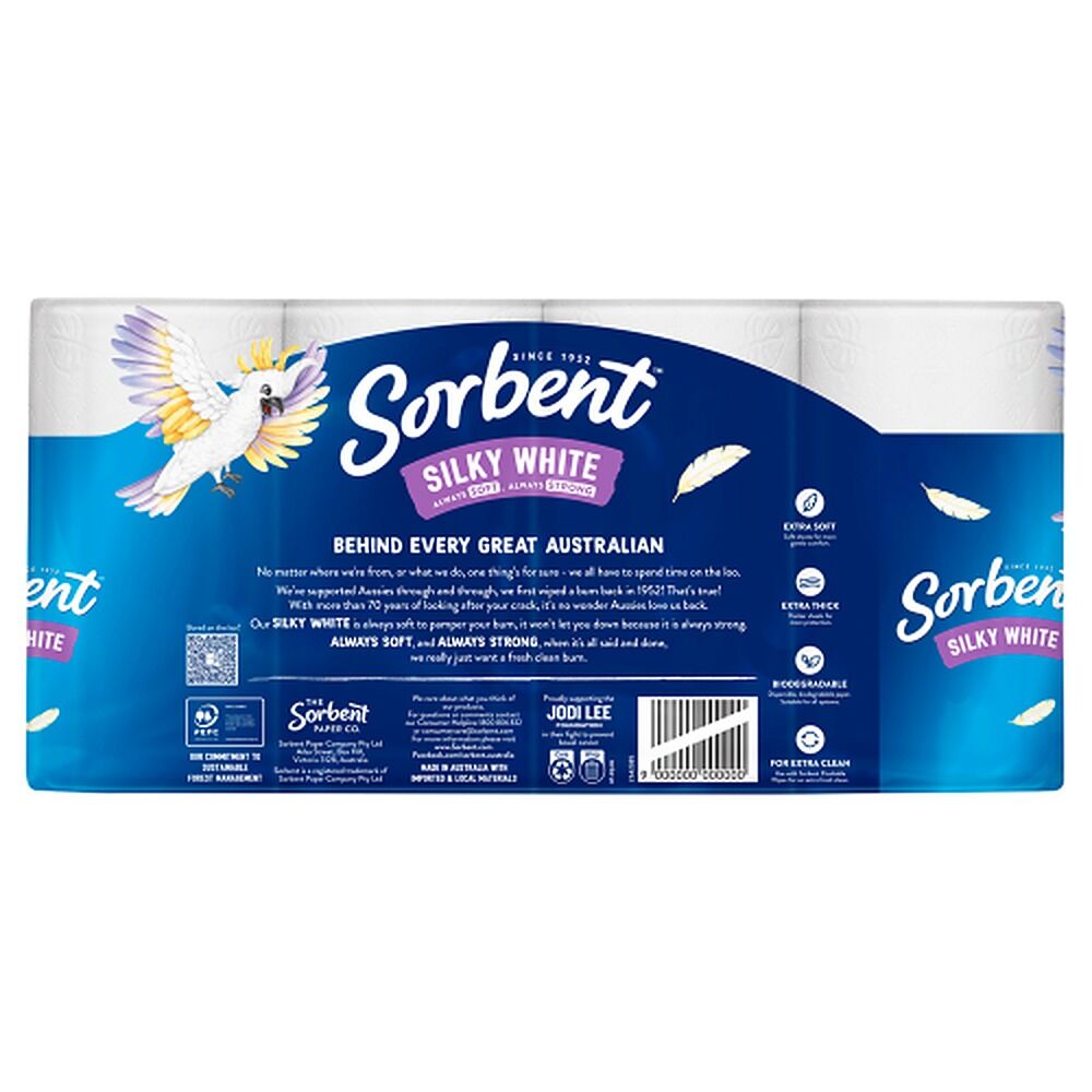 Sorbent Silky White Toilet Tissue 3 Ply 8 Pack x 6