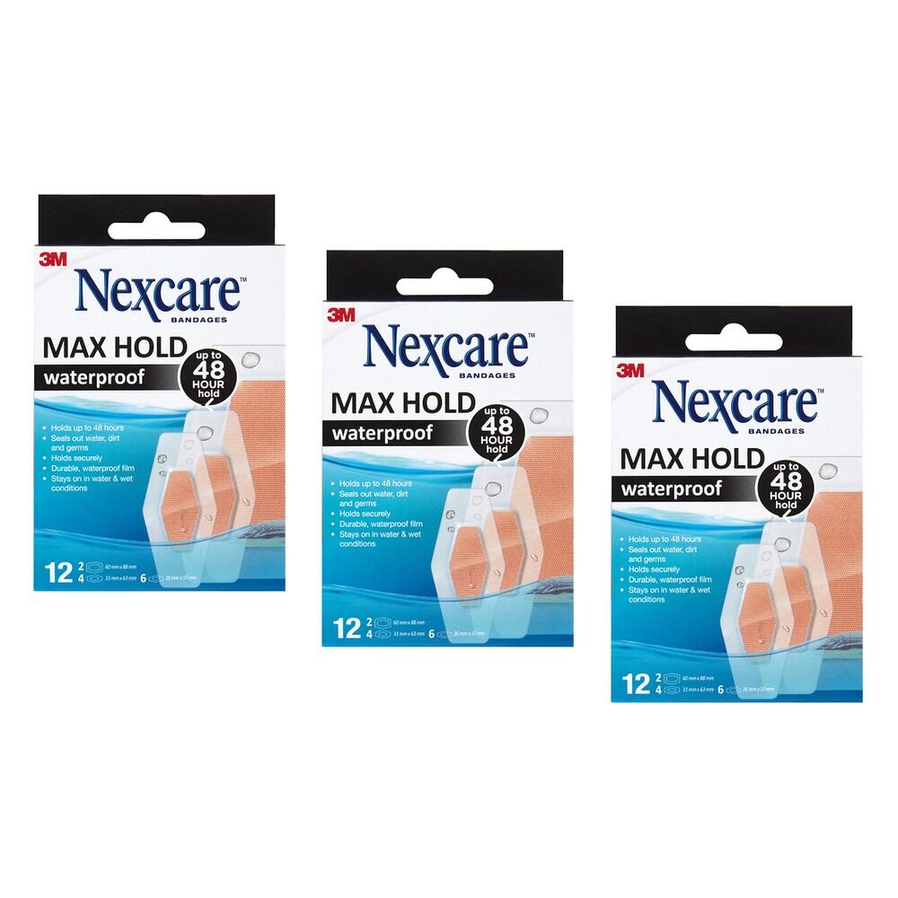Nexcare Waterproof Max Hold Strips Assorted 12 Pack Bundle of 3
