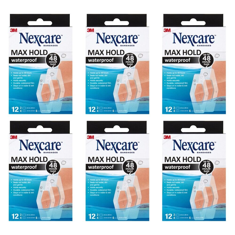 Nexcare Waterproof Max Hold Strips Assorted 12 Pack Bundle of 6