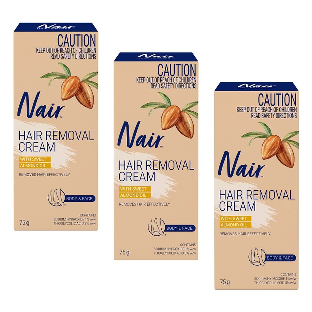 Nair Hair Removal Cream with Sweet Almond Oil Body & Face 75g Pack of 3
