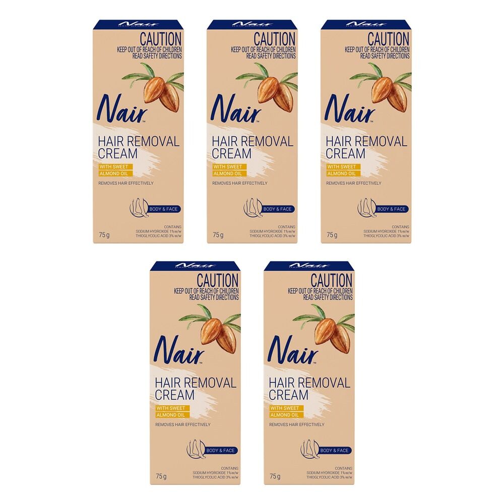 Nair Hair Removal Cream with Sweet Almond Oil Body & Face 75g Pack of 5