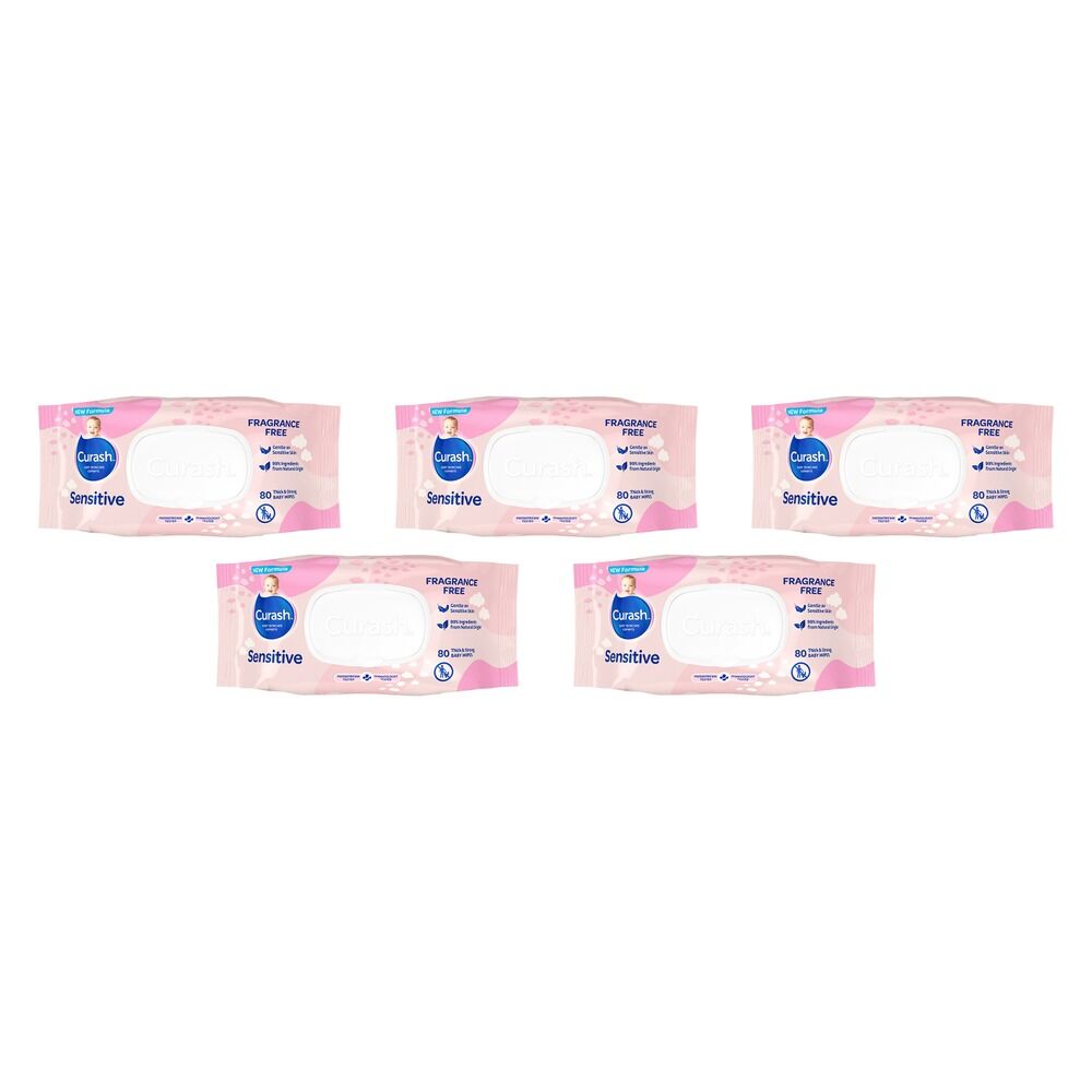 Curash Sensitive Fragrance Free Wipes, 99% Natural Origin, 80 Pack Bundle of 5