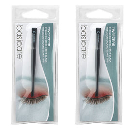 Basicare Slant Tip Matte Black Tweezers Precision Stainless Steel 8.5cm x 2