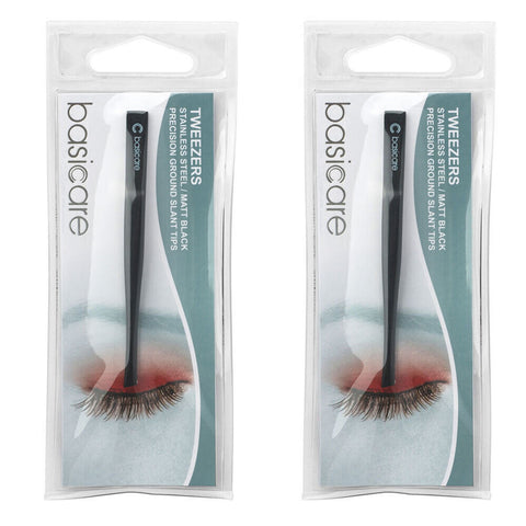 Basicare Slant Tip Matte Black Tweezers Precision Stainless Steel 8.5cm x 2