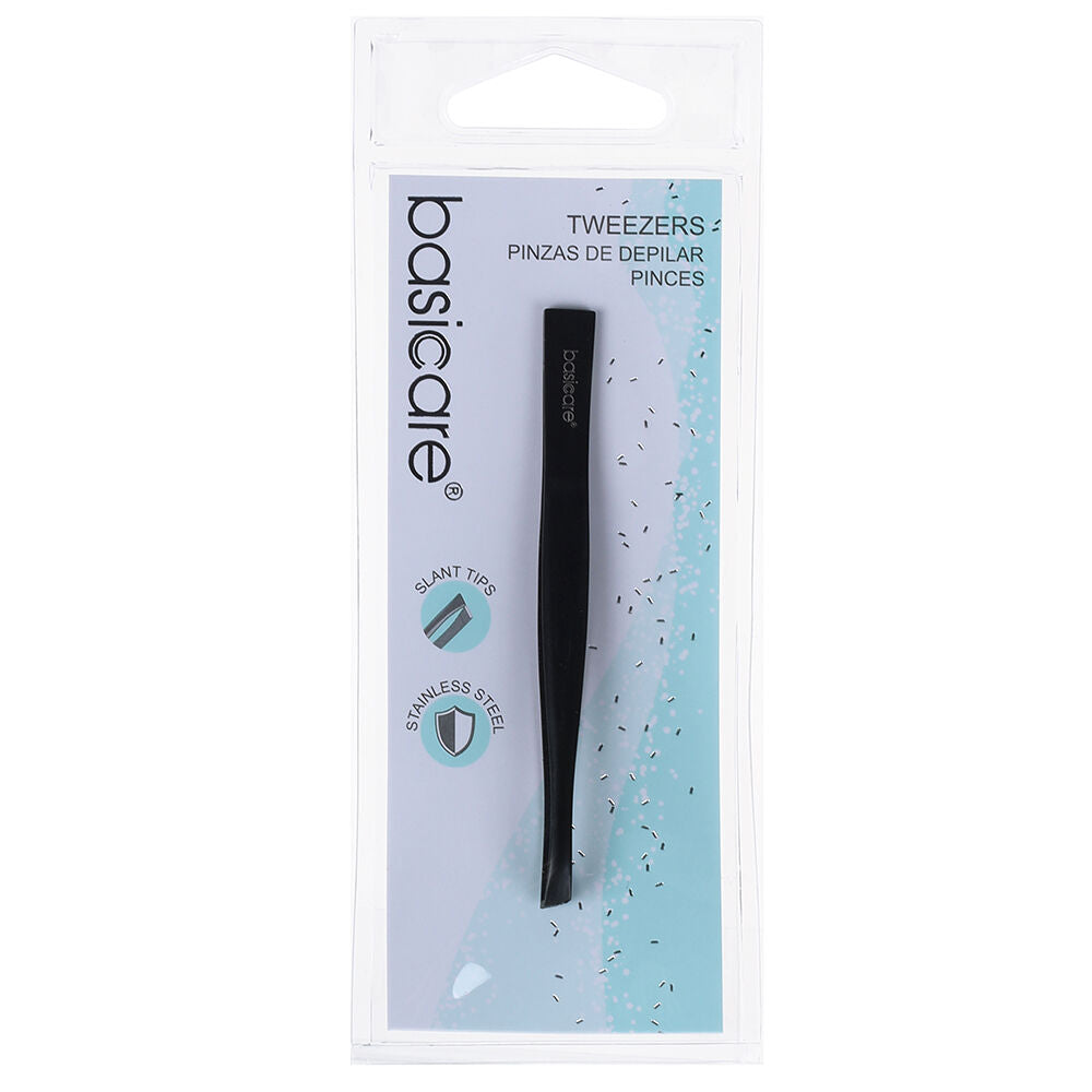 Basicare Slant Tip Matte Black Tweezers 3 Pack Stainless Steel 85mm