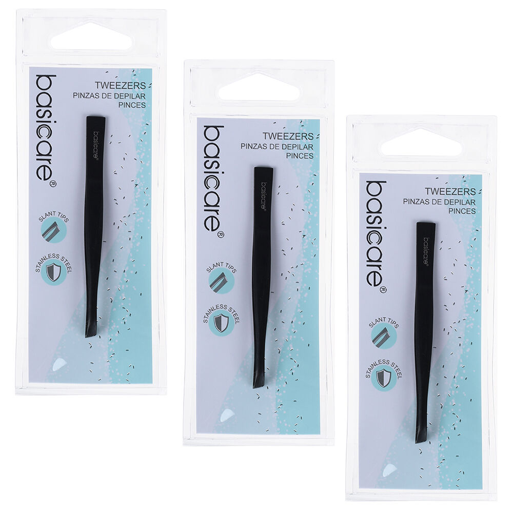 Basicare Slant Tip Matte Black Tweezers 3 Pack Stainless Steel 85mm