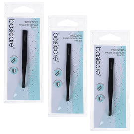 Basicare Slant Tip Matte Black Tweezers 3 Pack Stainless Steel 85mm