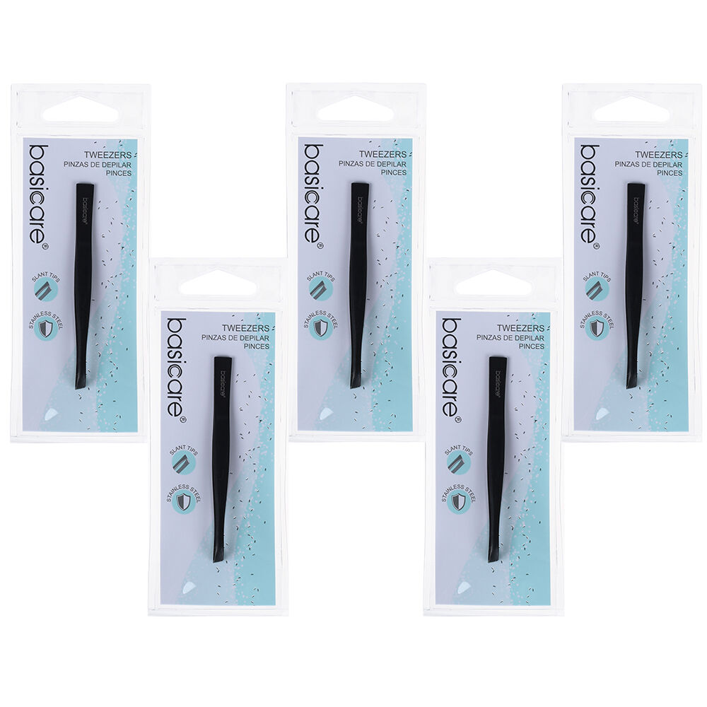 Basicare Slant Tip Matte Black Tweezers 5 Pack Stainless Steel 85mm