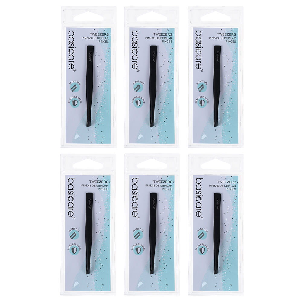 Basicare Slant Tip Matte Black Tweezers 6 Pack Stainless Steel 85mm