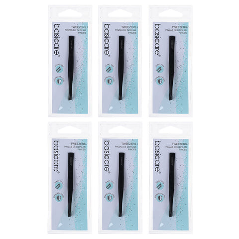 Basicare Slant Tip Matte Black Tweezers 6 Pack Stainless Steel 85mm