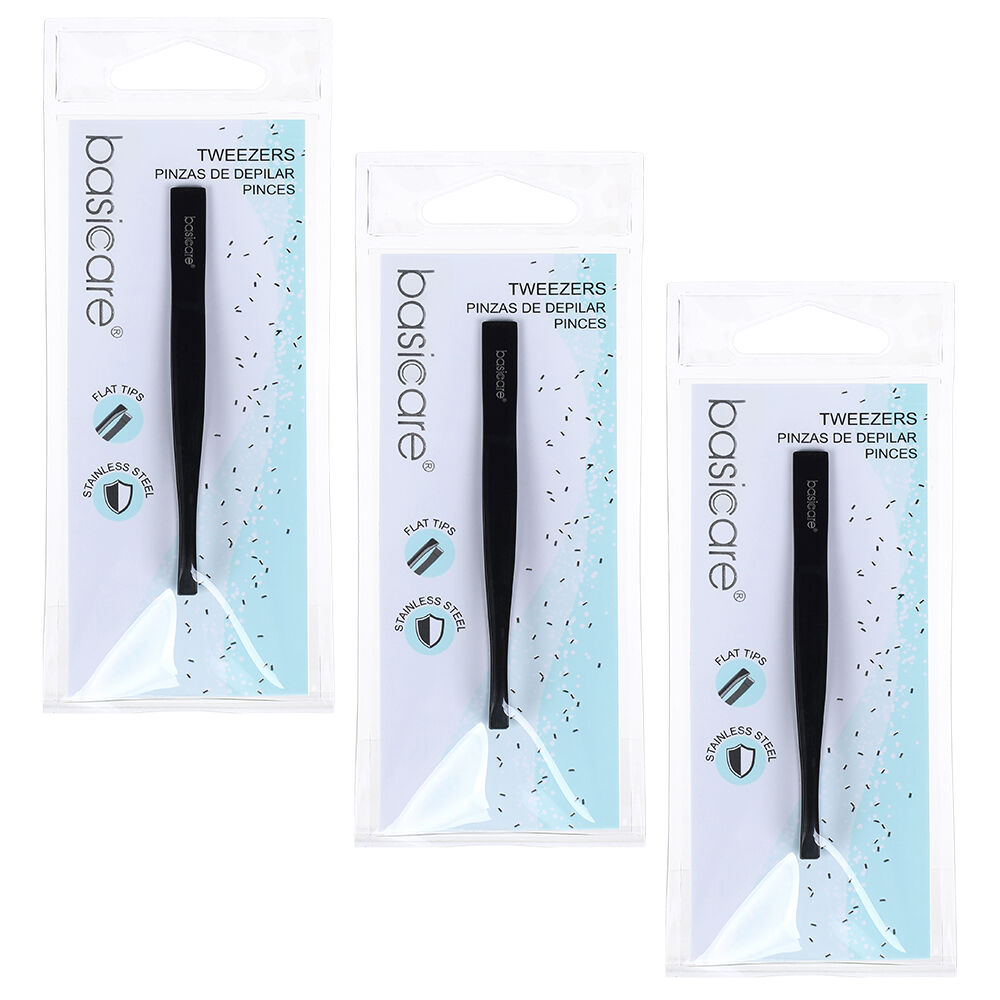 Basicare Flat Tip Matte Black Tweezers 3 Pack Stainless Steel 85mm