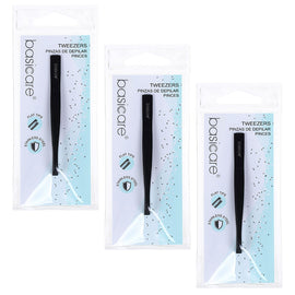 Basicare Flat Tip Matte Black Tweezers 3 Pack Stainless Steel 85mm