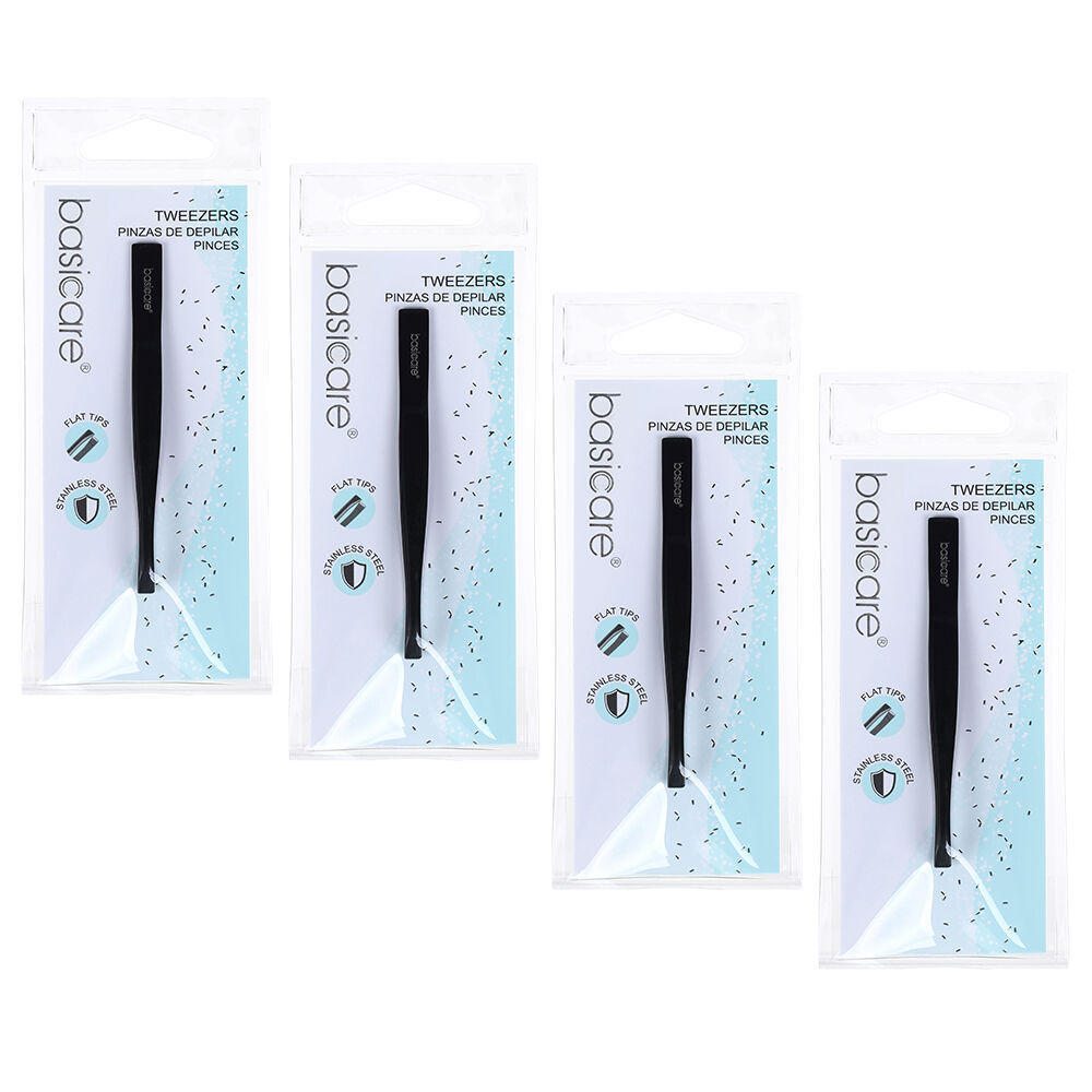 Basicare Flat Tip Matte Black Tweezers 4 Pack Stainless Steel 85mm