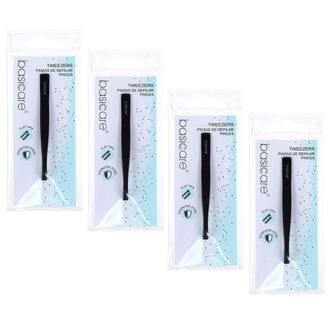Basicare Flat Tip Matte Black Tweezers 4 Pack Stainless Steel 85mm