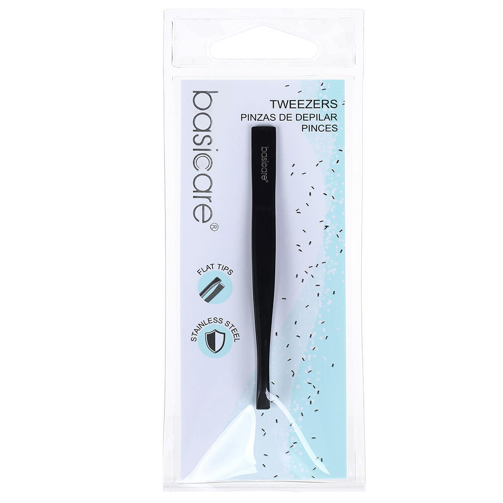 Basicare Flat Tip Matte Black Tweezers 5 Pack Stainless Steel 85mm