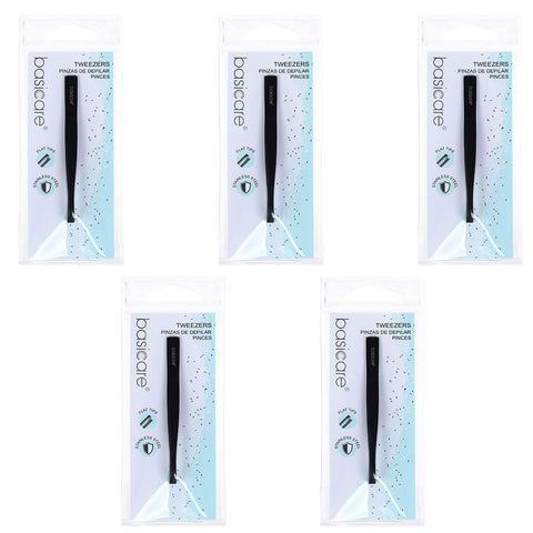 Basicare Flat Tip Matte Black Tweezers 5 Pack Stainless Steel 85mm