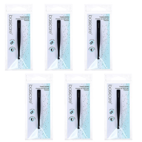 Basicare Flat Tip Matte Black Tweezers 6 Pack Stainless Steel 85mm