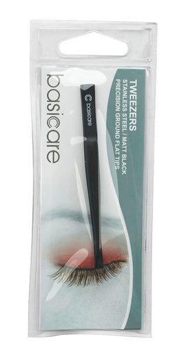 Basicare Flat Tip Matte Black Tweezers Stainless Steel Precision 8.5cm