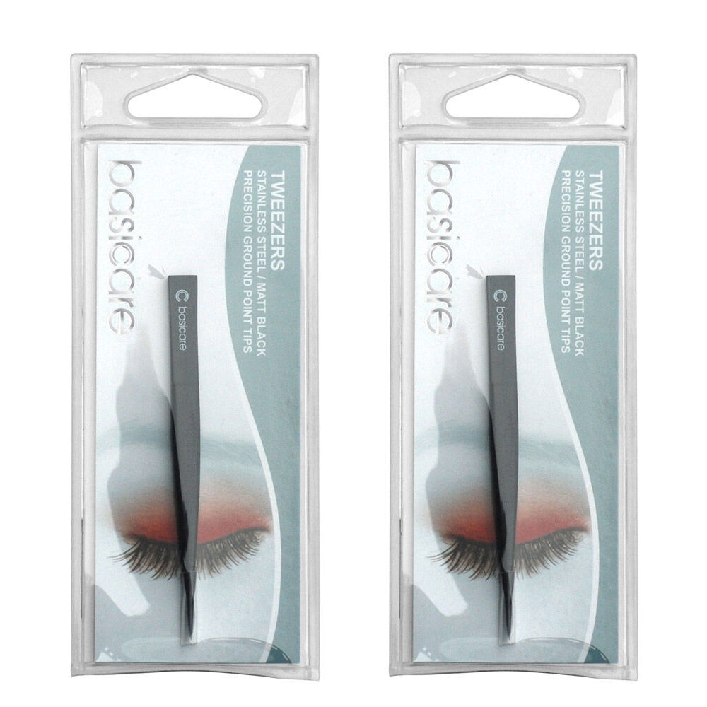 Basicare Point Tip Matte Black Stainless Steel Precision Tweezers 8.5cm x 2
