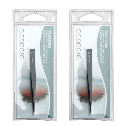 Basicare Point Tip Matte Black Stainless Steel Precision Tweezers 8.5cm x 2