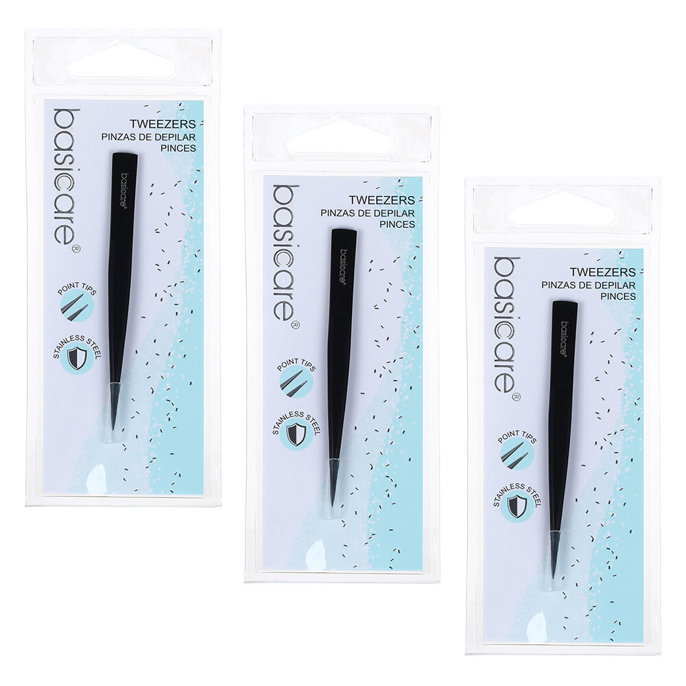 Basicare Point Tip Matte Black Tweezers 3 Pack Stainless Steel 85mm