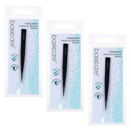 Basicare Point Tip Matte Black Tweezers 3 Pack Stainless Steel 85mm