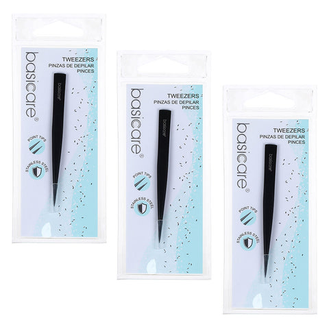 Basicare Point Tip Matte Black Tweezers 3 Pack Stainless Steel 85mm