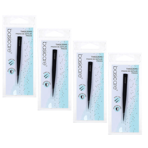 Basicare Point Tip Matte Black Tweezers 4 Pack Stainless Steel 85mm