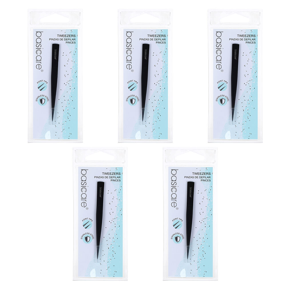 Basicare Point Tip Matte Black Tweezers 5 Pack Stainless Steel 85mm