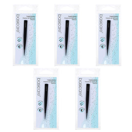 Basicare Point Tip Matte Black Tweezers 5 Pack Stainless Steel 85mm