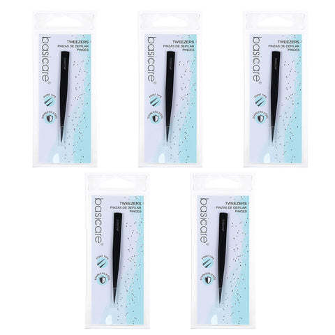 Basicare Point Tip Matte Black Tweezers 5 Pack Stainless Steel 85mm