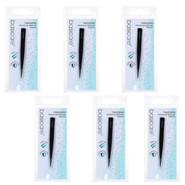 Basicare Point Tip Matte Black Tweezers 6 Pack Stainless Steel 85mm
